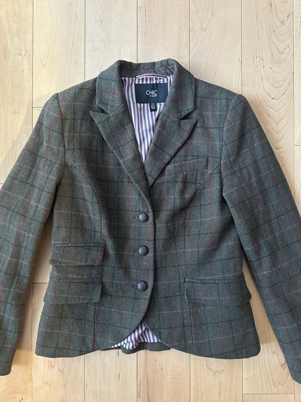Vintage Jacob Y2K Olive Green Plaid Blazer with Pink Windowpane Wool Canadian